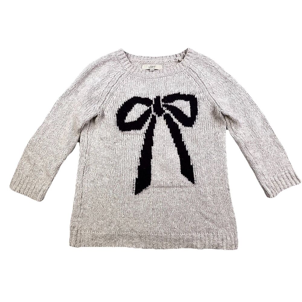 LOFT Sweater Womens XS Cream 3/4 Sleeve Bow Wool Blend